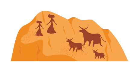Ancient African rock art showing people and cattle, isolated on white background vector illustration