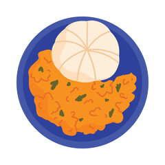 Top view of African fufu and soup on blue plate isolated vector illustration