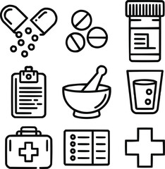 Healthcare Pill and Capsule Line Icon Collection Medical Treatment and Pharmacy Supplies