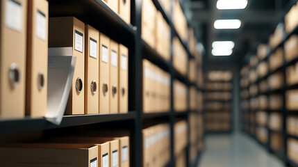 A file storage archive room with rows of tan colored file folders neatly arranged on dark metal shelves, creates a pattern extending into the blurred background, illuminated by ceiling lights.