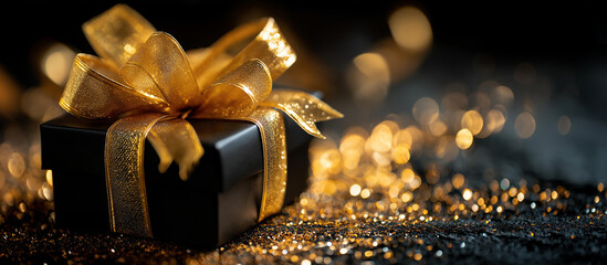Luxury gift box with golden ribbon bow on black background with sparkling glitter particles Black Friday sale concept holiday present promotional banner festive celebration