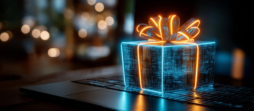 Neon glowing gift box with illuminated bow cyber Monday illustration online shopping concept digital retail hardware store promotion e commerce marketing futuristic design - Powered by Adobe