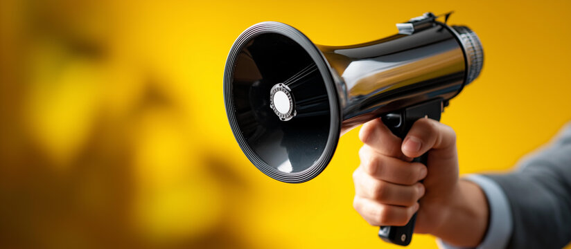 Faceless hand holding megaphone loudspeaker marketing sales concept promotional announcement advertising tool communication device retail promotion yellow background