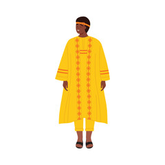 Smiling African man wearing traditional yellow clothing and headband standing isolated on white vector illustration