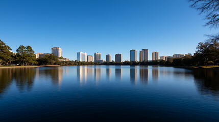 A serene lake reflects the urban skyline on a clear day. The city meets nature in a tranquil scene, showcasing the harmonious blend of the environment. Captivating reflections!