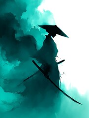 A silhouette of a warrior holding a katana, against a background of artistic, blurred clouds. It gives a mysterious and epic impression. The dark tones and dramatic lighting enhance the atmosphere