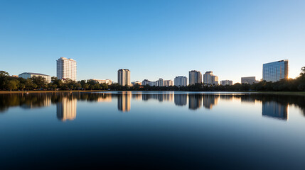 Naklejka premium Serene cityscape reflection on a calm lake under a clear sky, highlighting the harmonious blend of urban architecture with tranquil nature. Early morning light paints the buildings.