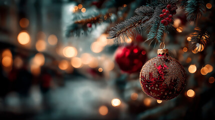 Red and gold Christmas ornament hanging from a pine tree branch, surrounded by soft bokeh lights, creating a warm festive atmosphere for holiday celebrations