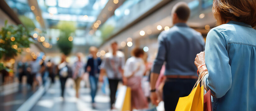 Abstract blurred defocused photo of many faceless people shopping inside department store modern shopping mall interior urban lifestyle Black Friday shopping spree consumer