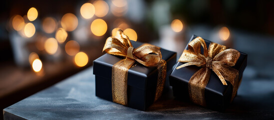 Two black luxury gift boxes with golden bows on dark background with blurred defocused bokeh lights Christmas gift banner Black Friday sale retail promotions discount events