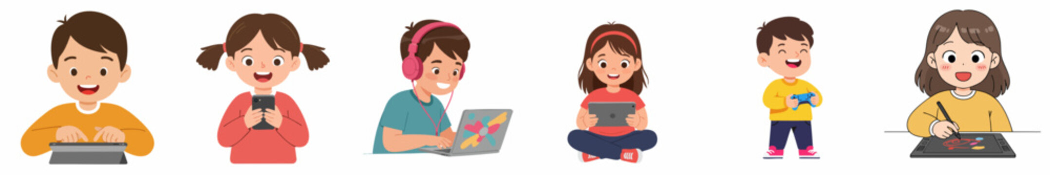 Cartoon Style Group of Children Using Electronic Device Illustration Asset