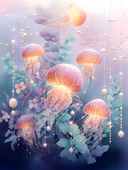 Colorful jellyfish floating gracefully in a serene underwater scene surrounded by delicate plants and shimmering pearls