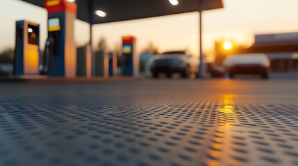 A gas station bathed in the warm glow of sunset. Cars queue as evening descends, casting reflections on the pavement's perforated design. A serene yet functional scene.