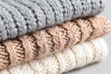 Soft knitted wool textures in gray, beige, and cream stacked together, showcasing intricate patterns and inviting warmth, ideal for minimalist photography and cozy design concepts