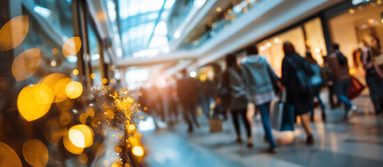 Dynamic Black Friday promotional banner overlooking bustling shopping mall faceless shoppers eagerly exploring discounts deals retail excitement energy major shopping event con