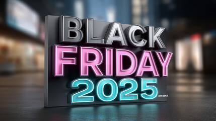 Futuristic cyberpunk style Black Friday banner glowing with vibrant neon colors, showcasing excitement and consumerism in a retail environment with enticing deals and discounts