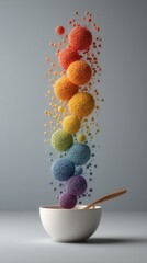 A captivating bowl of cereal artfully arranged with vibrant colors and a spoon ready to serve