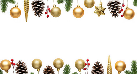 Christmas decorations border festive holiday ornaments pine cones fir branches gold balls isolated on transparent background