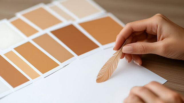 Crafting a palette, the feather poised over pristine paper, ready to capture nature's hues. Swatches of earth tones evoke warmth and comfort in design inspirations.
