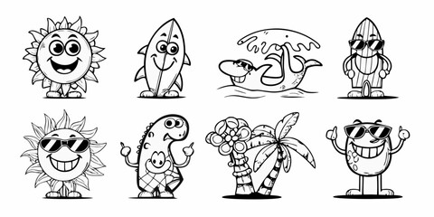 Collection of eight cartoon characters enjoying summer vacation activities including surfing and relaxing on the beach