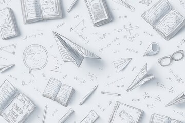 School-Themed Line Art on White Background with Formulas and Books