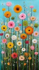 A vibrant field of colorful flowers with blue background, creating a cheerful display