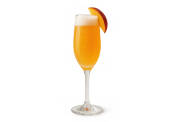 Bellini cocktail with peach slice in a champagne flute, sparkling prosecco drink on transparent background