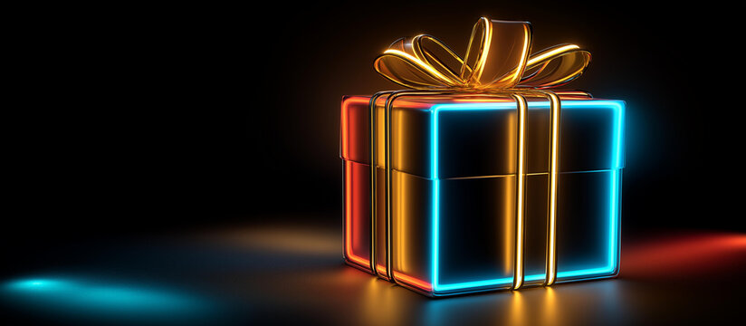 Glowing neon style gift box on black background cyber Monday Black Friday Christmas concept digital illustration modern design promotional banner e commerce marketing