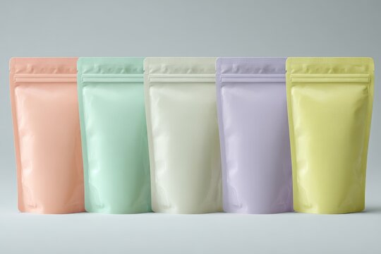 Pastel matte stand-up zipper pouches in a row for ecommerce packaging display