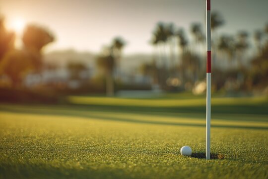 Close view of a golf putting green with flagstick and ball at sunset on the course