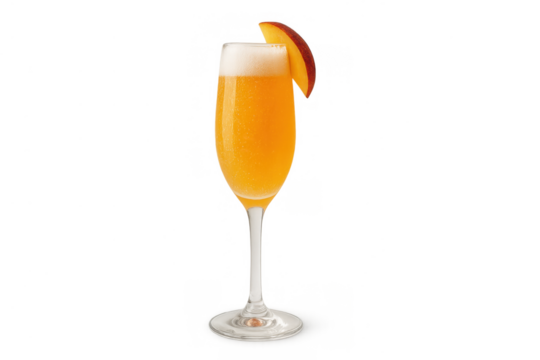 Bellini cocktail with peach slice in a champagne flute, sparkling prosecco drink on transparent background