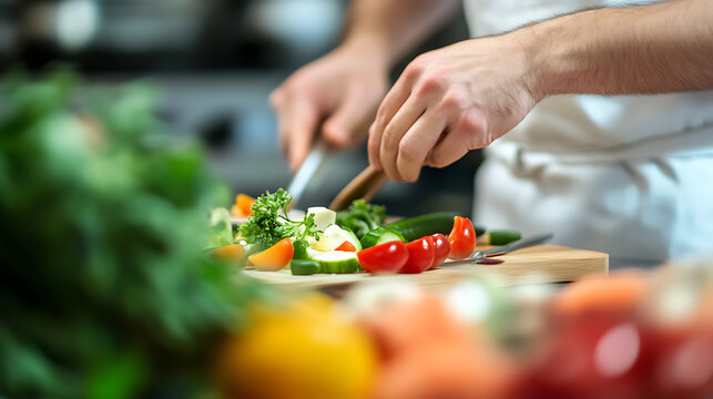 A chef skillfully slicing vegetables on a wooden cutting board, creating a colorful array of healthy ingredients for a fresh salad in a professional kitchen setting.