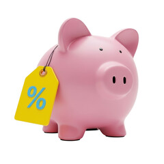 Pink piggy bank with a yellow tag showing a blue percentage sign isolated on transparent background