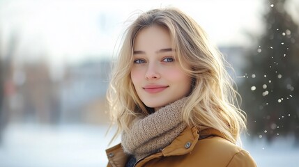 An elegant woman in beige coat enjoys a calm snowy day, surrounded by white winter scenery. 