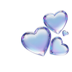 Threedimensional crystal hearts with iridescent reflections isolated on transparent background