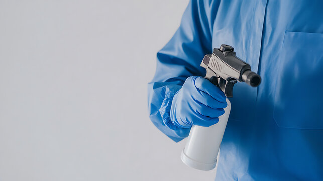 Sanitation worker holding a spray bottle for disinfection, wearing blue protective gear on a white background, emphasizing health and cleanliness, copy space available.