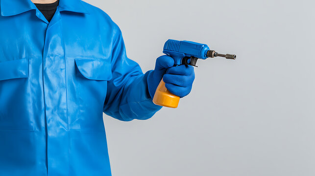 A worker in a vibrant blue uniform holds a blue and yellow soldering torch, ready for precision work. The image highlights focus and the essential tool in a detail oriented task.