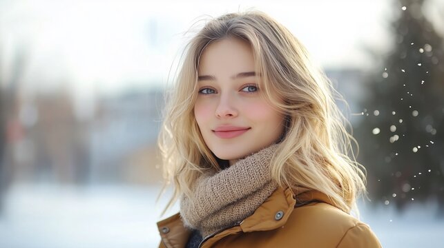 An elegant woman in beige coat enjoys a calm snowy day, surrounded by white winter scenery. 