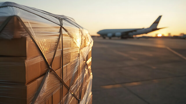 A pallet of boxes wrapped in plastic is ready for air freight. The warm sunset provides a beautiful backdrop for the air cargo. Goods ready for transport.