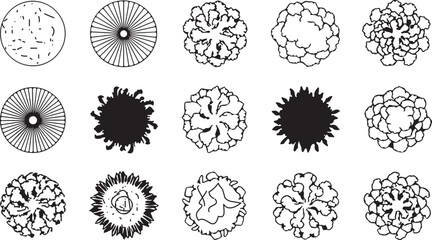 CAD Drawings. Set of Tree Top View Outline Symbols in Minimal Vector Style for Landscape Architecture, Urban Planning, and Garden Design