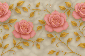 Elegant floral pattern with soft pink roses and golden leaves on beige background, luxurious vintage botanical design for wallpaper, fabric, or romantic decorative projects