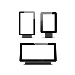 Three digital signage displays with blank screens isolated on transparent background