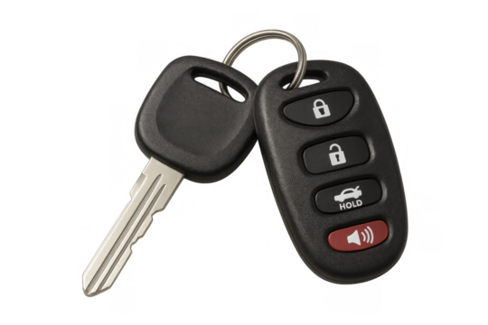 Car key and remote fob showing buttons for unlocking, locking, trunk release, and panic alarm on transparent background