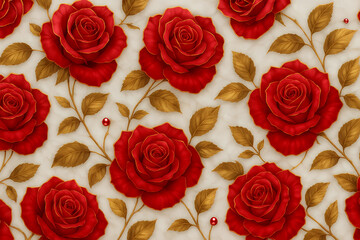 Luxurious red roses with golden leaves on soft beige background, elegant floral illustration for romantic decor, wallpaper design, or vintage-inspired textile art