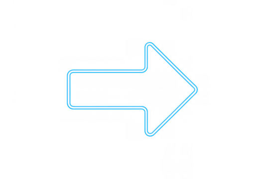 Neon blue arrow pointer indicating right direction, glowing sign on transparent background - Powered by Adobe