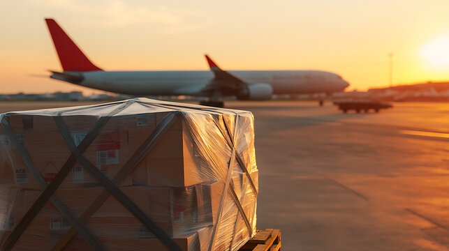Packages are ready for shipping by plane, symbolizing the efficiency of global logistics and transportation at sunset on the airport tarmac. Delivering on time, worldwide.