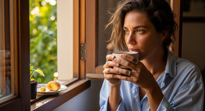 Young woman enjoying a peaceful morning with a warm beverage by the sunlit window, savoring a quiet moment of reflection and relaxation indoors