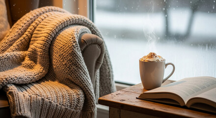 Cozy Winter Scene Warm Drink, Book, and Blanket by the Window, Embracing the Season