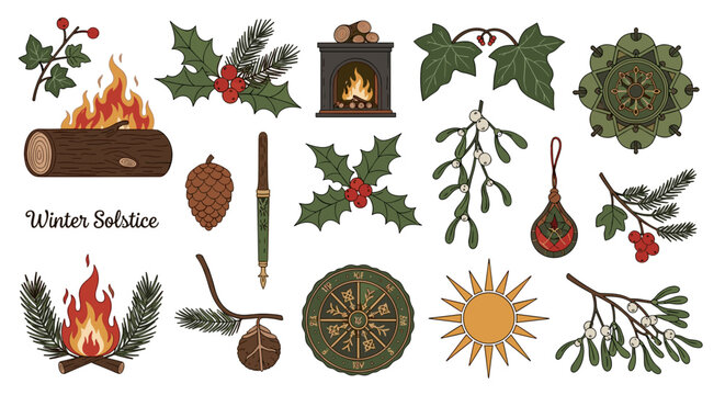 Collection of winter solstice symbols and elements