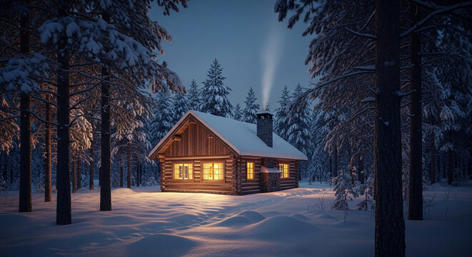 Cozy wooden cabin nestled in a snow-covered forest with warm light glowing from the windows